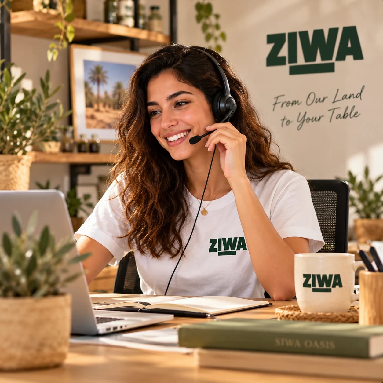 A member of the ZIWA team wearing a headset at her desk, ready to answer enquiries