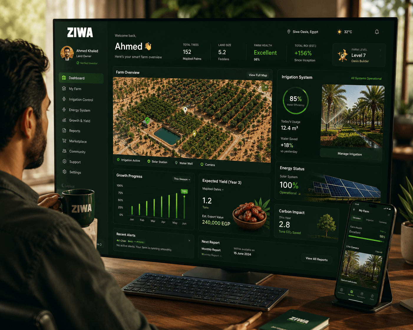 ZIWA 360 owner dashboard — farm progress, payments, and forecast