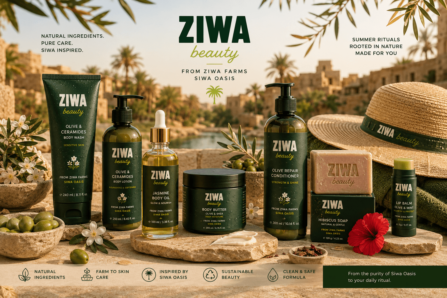 ZIWA beauty products — natural skincare from Siwa olive oil